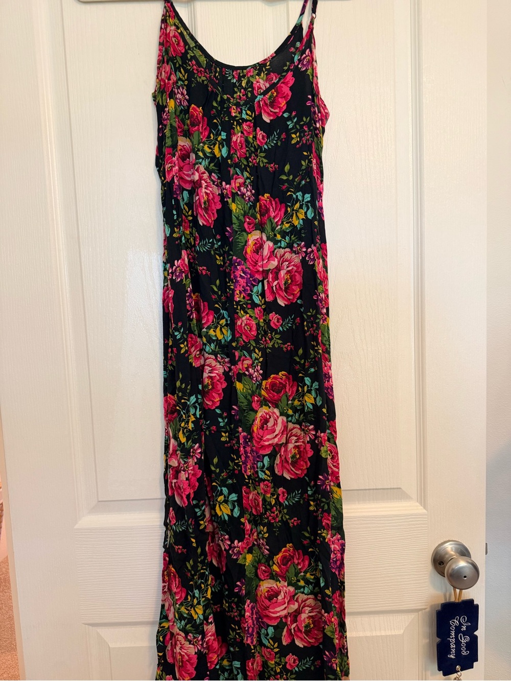 Black Floral Maxi Slip Dress with Pink Rose Print